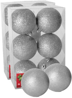 Gerimport 12x stuks kerstballen zilver glitters kunststof 8 cm - Kerstbal Zilverkleurig