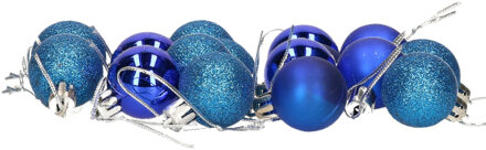 Gerimport 16x stuks kerstballen blauw mix van mat/glans/glitter kunststof 3 cm - Kerstbal