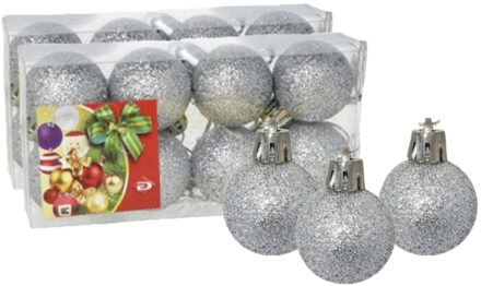 Gerimport 16x stuks kerstballen zilver glitters kunststof 3 cm - Kerstbal Zilverkleurig