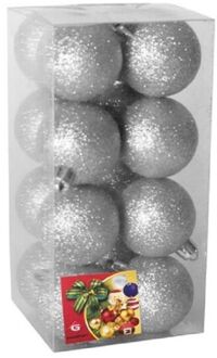 Gerimport 16x stuks kerstballen zilver glitters kunststof 5 cm - Kerstbal Zilverkleurig