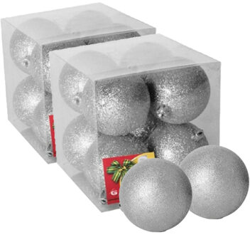 Gerimport 16x stuks kerstballen zilver glitters kunststof 7 cm - Kerstbal Zilverkleurig