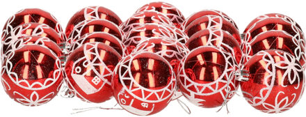 Gerimport 24x stuks gedecoreerde kerstballen rood kunststof 6 cm