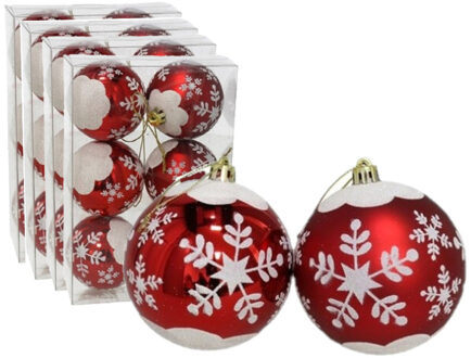 Gerimport 24x stuks gedecoreerde kerstballen rood kunststof 6 cm