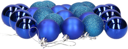 Gerimport 24x stuks kerstballen blauw mix van mat/glans/glitter kunststof 4 cm