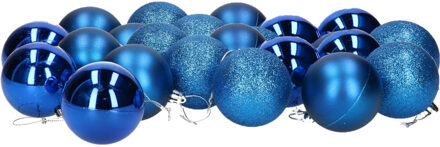Gerimport 24x stuks kerstballen blauw mix van mat/glans/glitter kunststof 6 cm
