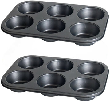 Gerimport 2x stuks muffins en cupcakes bakken bakvorm/bakblik 31 x 21 cm - voor 6x stuks - Muffinvormen / cupcakevormen Grijs