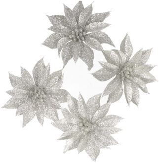 Gerimport 4x stuks glitter decoratie bloemen op clip zilver 9.5 cm