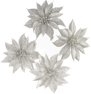 Gerimport 4x stuks kerstboom decoratie bloemen op clip zilver glitter 9.5 cm - Kersthangers Rood