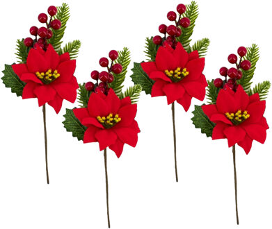 Gerimport 4x stuks kerststukje stekertjes met hulst/bessen/dennentak/kerstster groen/rood 26 cm