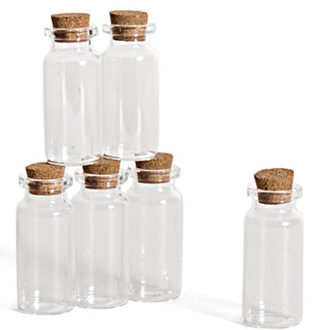 Gerimport 6x Kleine transparante glazen hobby flesjes met kurken dop 10 ml