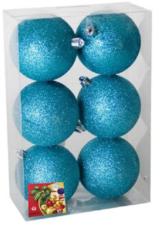 Gerimport 6x stuks kerstballen ijsblauw glitters kunststof 8 cm - Kerstbal