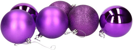 Gerimport 6x stuks kerstballen paars mix van mat/glans/glitter kunststof 8 cm