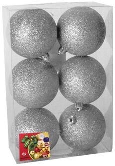 Gerimport 6x stuks kerstballen zilver glitters kunststof 8 cm - Kerstbal Zilverkleurig