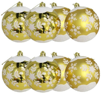 Gerimport 8x stuks gedecoreerde kerstballen goud kunststof 8 cm - Kerstbal Goudkleurig