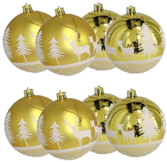 Gerimport 8x stuks gedecoreerde kerstballen goud kunststof 8 cm - Kerstbal Goudkleurig