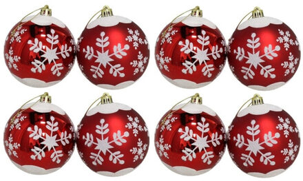 Gerimport 8x stuks gedecoreerde kerstballen rood kunststof 8 cm - Kerstbal