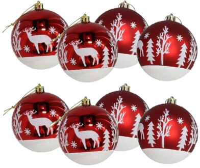 Gerimport 8x stuks gedecoreerde kerstballen rood kunststof 8 cm - Kerstbal