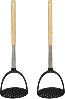 Gerimport Aardappelstamper/pureestamper - 2x - kunststof/hout - keuken gerei - 32 cm