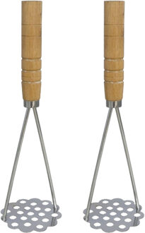 Gerimport Aardappelstamper/pureestamper - 2x - metaal/hout - keuken gerei - 25 cm