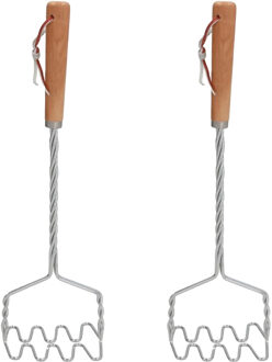 Gerimport Aardappelstamper/pureestamper - 2x - metaal/hout - keuken gerei - 34 cm