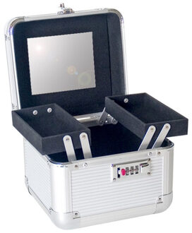 Gerimport Aluminium sieradenkist/make up reiskoffertje 22 x 17 x 15 cm - Make-up dozen Zilverkleurig