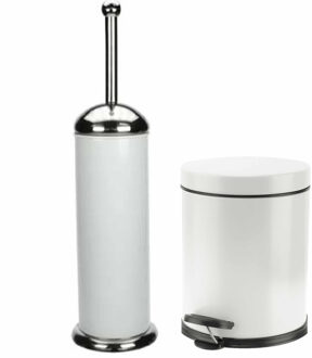 Gerimport Badkamer/toilet set pedaalemmer 3 liter en toiletborstel RVS wit - Badkameraccessoireset