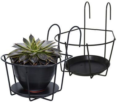 Gerimport Balkon bloempothouder - 2x - bloembak met ophanging - zwart metaal - 24 x 18 x 17 cm - rond