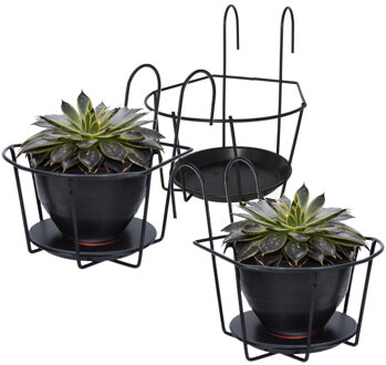 Gerimport Balkon bloempothouder - 3x - bloembak met ophanging - zwart metaal - 24 x 18 x 17 cm - rond
