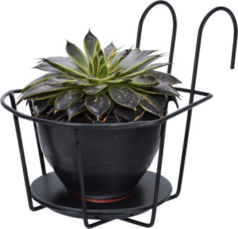 Gerimport Balkon bloempothouder - bloembak met ophanging - zwart metaal - 24 x 18 x 17 cm - rond