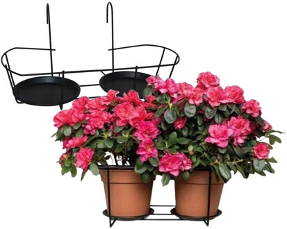 Gerimport Balkon bloempothouder dubbel - 2x - bloembak met ophanging - zwart metaal - 46 x 28 x 21 cm - Plantenbakbeugel