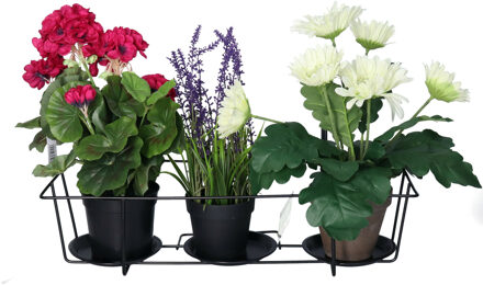 Gerimport Balkon bloempothouder voor 3 plantjes - bloembak met ophanging - zwart metaal - 25 x 48 x 20 cm