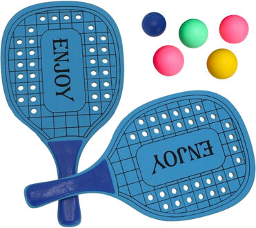 Gerimport Beachball set - hout - blauw - strand sport speelset - met 5x balletjes