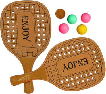 Gerimport Beachball set - hout - oranje - strand sport speelset - met 5x balletjes