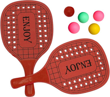 Gerimport Beachball set - hout - rood - strand sport speelset - met 5x balletjes - Beachballsets