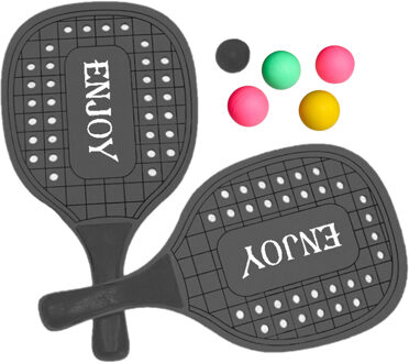 Gerimport Beachball set - hout - zwart - strand sport speelset - met 5x balletjes