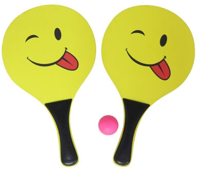 Gerimport Beachball set smile - hout - geel - strand tennis speelset - kinderen/volwassenen