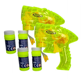 Gerimport Bellenblaas speelgoed pistool - 2x - met vullingen - geel - 15 cm - plastic - bellen blazen