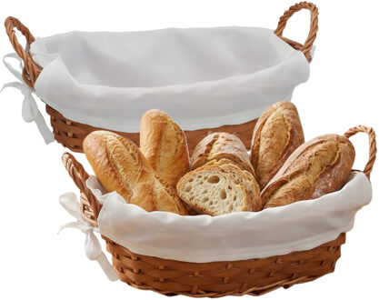 Gerimport Broodmandje met stof - 2x - gevlochten - lichtbruin - ovaal - 26 x 20 x 8 cm