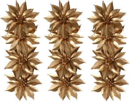 Gerimport Decoratie bloemen - op clip - 12x - goud - 9,5 cm - kunststof - kerstbloemen