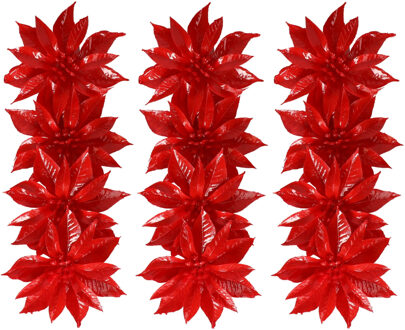 Gerimport Decoratie bloemen - op clip - 12x - rood - 9,5 cm - kunststof - kerstbloemen