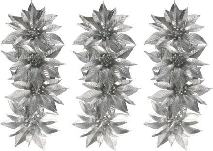 Gerimport Decoratie bloemen - op clip - 12x - zilver - 9,5 cm - kunststof - kerstbloemen