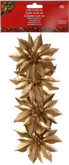 Gerimport Decoratie bloemen - op clip - 4x - goud - 9,5 cm - kunststof - kerstbloemen