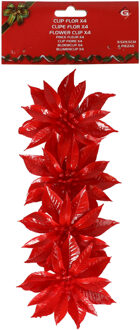 Gerimport Decoratie bloemen - op clip - 4x - rood - 9,5 cm - kunststof - kerstbloemen