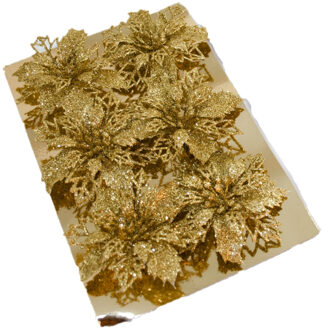 Gerimport Decoratie bloemen op clip - 6x stuks - goud - kunststof - bloemen versiering