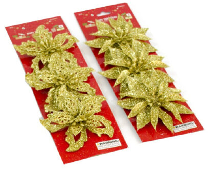 Gerimport Decoratie bloemen op clip - 6x stuks - goud - kunststof - bloemen versiering