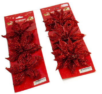 Gerimport Decoratie bloemen op clip - 6x stuks - rood - kunststof - kerstornamenten