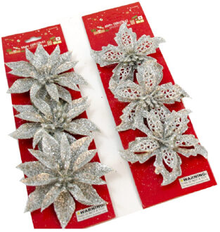 Gerimport Decoratie bloemen op clip - 6x stuks - zilver - kunststof - kerstornamenten