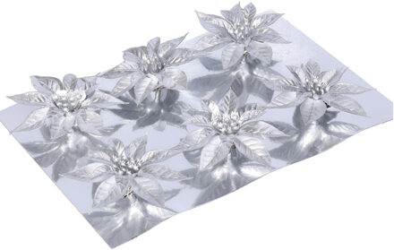 Gerimport Decoratie bloemen op clip - 6x stuks - zilver - kunststof - ornamenten