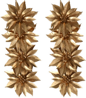 Gerimport Decoratie bloemen - op clip - 8x - goud - 9,5 cm - kunststof - kerstbloemen