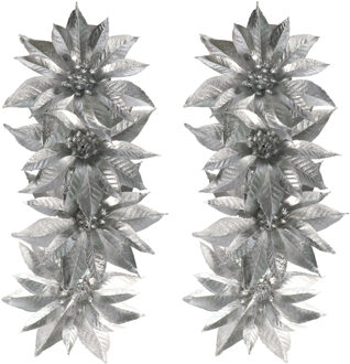 Gerimport Decoratie bloemen - op clip - 8x - zilver - 9,5 cm - kunststof - kerstbloemen